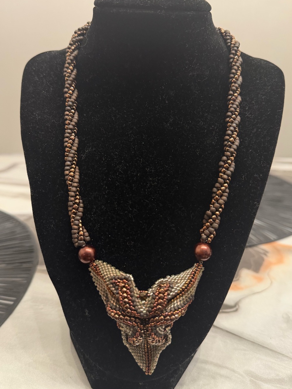 Beaded Pendant Necklace in Brown and Gold